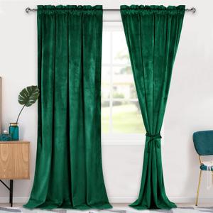 Hiasan Christmas Green Velvet Curtains 96 inches-Blackout Thermal Insulated Solid Soft Curtains for Bedroom Living Room Rod Pocket Room Darkening 2 Panels Window Drapes with Tiebacks, 52W x 96L
