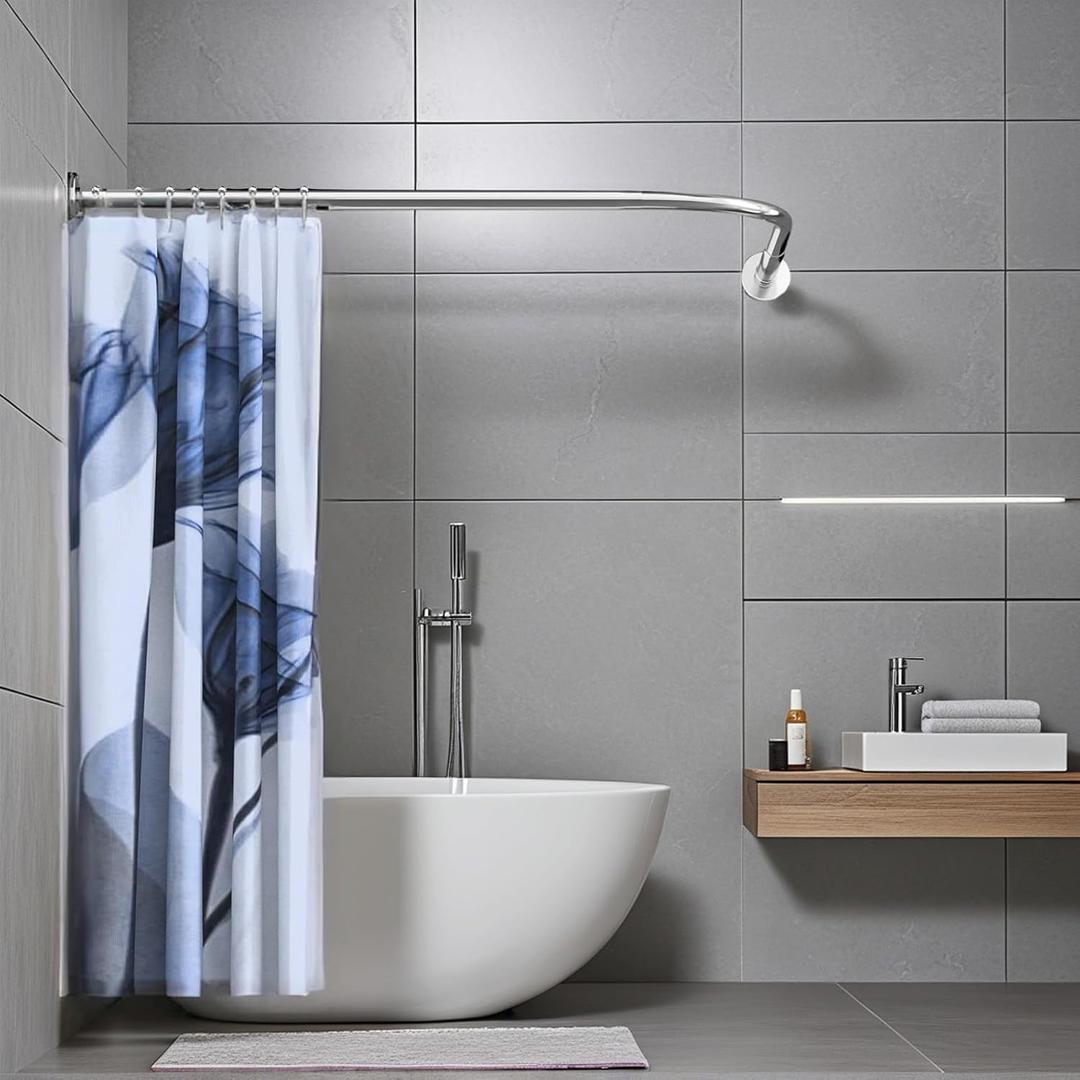 Adjustable Corner Shower Curtain Rod, Stretchable Stainless Steel L Shaped Shower Curtain Rail, Curved Bowed Shower Curtain Pole, Drill Or No Drill, For Bathroom (Size: C 90-130cm X 90-130cm,Color:Silver)