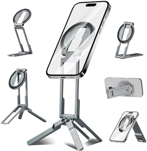 Ultra-Thin Aluminum Magnetic Phone Tripod Holder Mount Stand, MG-06 Air Mini Pocket Cell Phone Stand, Compatible with MagSafe for iPhone 17 16 15 14 13 12, Silver