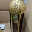 TRIROCKS Set of 2 Moroccan Candle Lanterns 22.5''&15'' H Decorative Candle Holder Hanging Lanterns with Embossed Colored Tempered Glass Ramadan Decorations for Home Outdoor Indoor Patio Weddings(Gold)