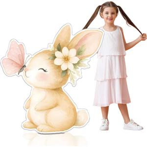 47 x 44 Inches Easter Rabbit Cardboard Cutout Spring Baby Shower Bunny Butterfly Yard Sign with Stakes for Easter Baby Shower Birthday Party Decor Outdoor Lawn Photo Prop
