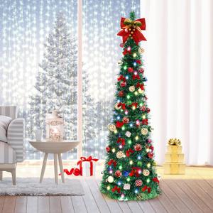 Pop Up Christmas Tree, 5FT Collapsible Christmas Tree with 30 LED Multicolor Lights, Tinsel Pencil Tree with Ball Bowknot Gift Box for Indoor, Party, Xmas, Home,Office Decor (Green)