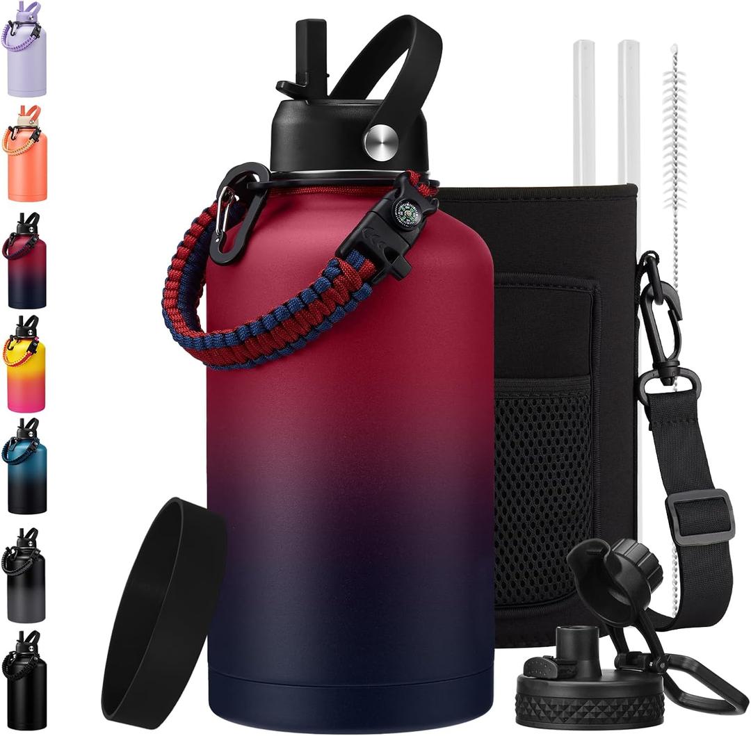 1 Gallon Insulated Water Jug with Straw - Auto Chug Lid, Bottle Carrier Bag, Paracord Handle, 128oz Stainless Steel Water Bottle Keep Hot 24H & Cold 48, Large Canteen Waters Bottles for Sports Work (Rose Purple)