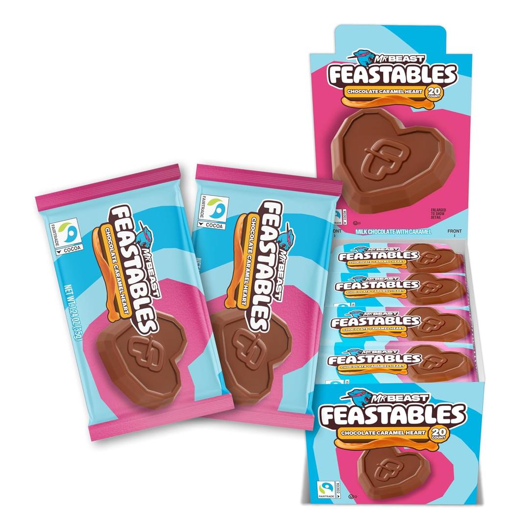 Feastables MrBeast Caramel Valentines Heart, Milk Chocolate & Creamy Caramel Filling, Cups for Adults & Kids, Chocolate Candy for Valentine Snacks, Made With Fairtrade Cocoa, 20 Count (EXP 10/30/26)