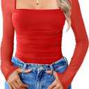 Avidlove Women's Square Neck Mesh Long Sleeve Bodysuit Shirts Ruched Body Suit Sexy Sheer Tops Date Night Outfit (Red, S)