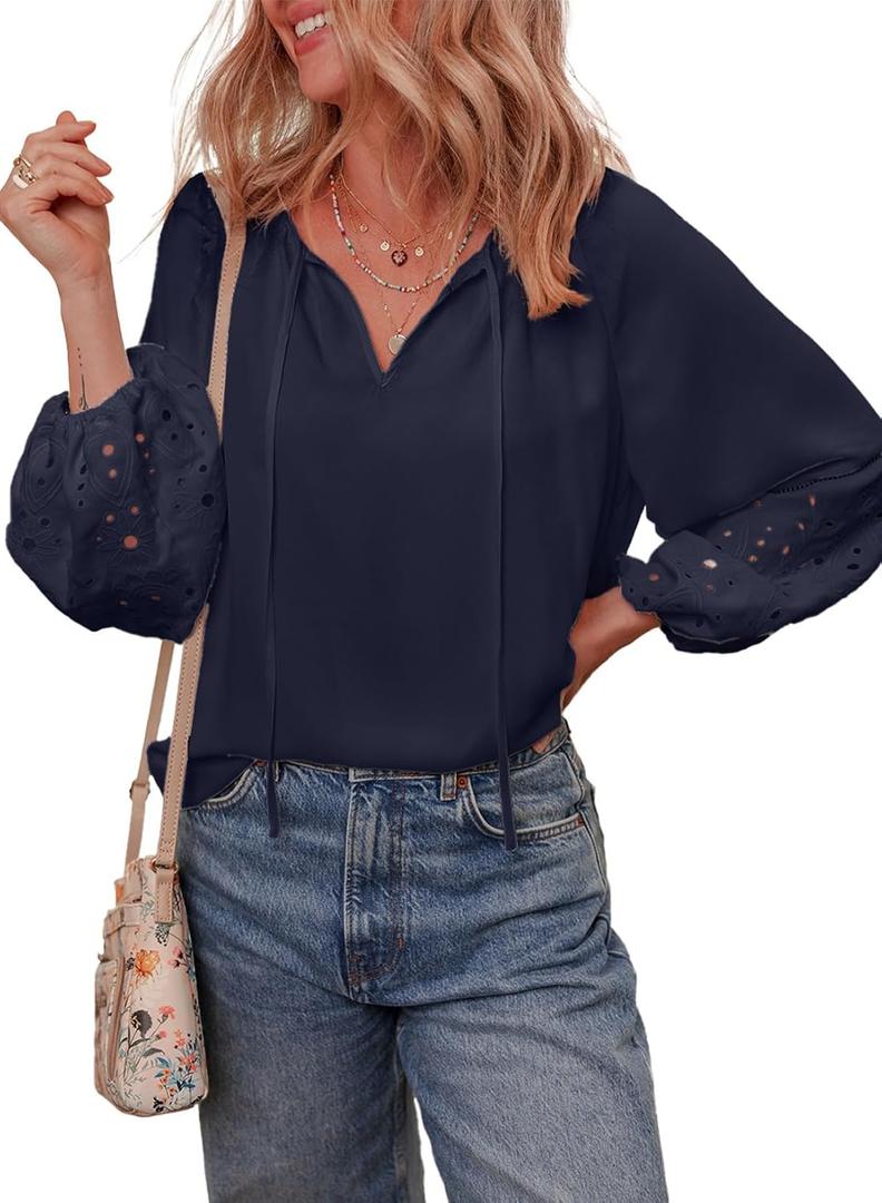 EVALESS Womens Tops Dressy Casual V Neck Long Sleeve Hollow Out Embroidered Blouses Shirts Spring Summer Outfits 2025 (Black, S)