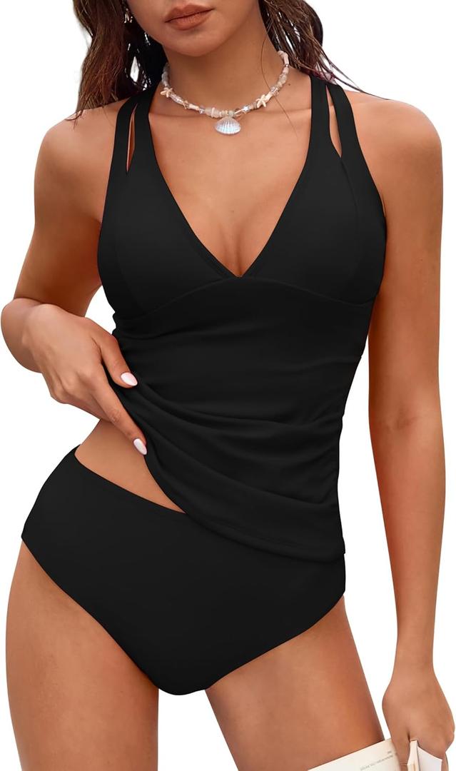 ZAFUL Womens Tankini Swimsuits Tummy Control Two Piece Bathing Suits Modest Ruched Tie Back Swimwear Mid Rise (Large, Black)