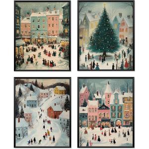 Locomiss Christmas Town Wall Art Decor Posters, Cute Retro Christmas Village Houses Winter Holiday Wall Art Decor Gifts For Farmhouse Home Living Room Bedroom Bathroom, Set of 4 (8x10 Unframed)