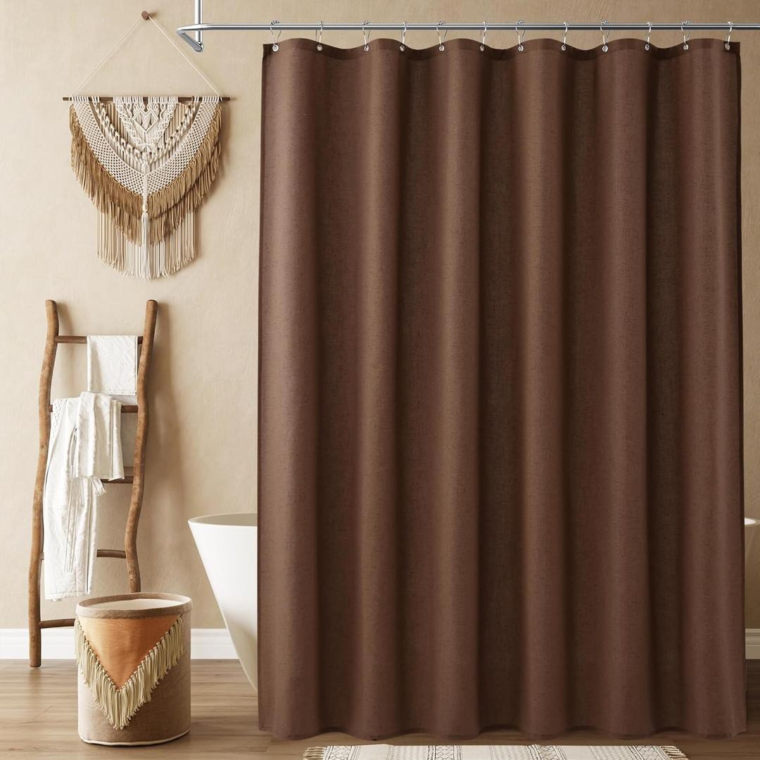 Naturoom Caramel Brown Linen Shower Curtain, Country Boho Farmhouse Bath Decor Shower Curtains Neutral Cloth Weighted Textured Fabric Bath Curtain Liner with Hooks, 72x84
