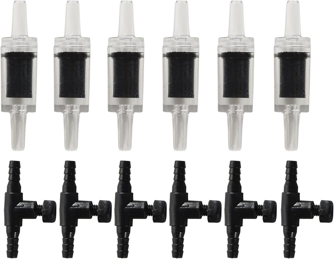 Aquarium Air Pump Accessories with Non-Return Check Valves,Air Control Valve for 3/16" Aquarium Tubing (6 check valves+6 control valve) (Black)