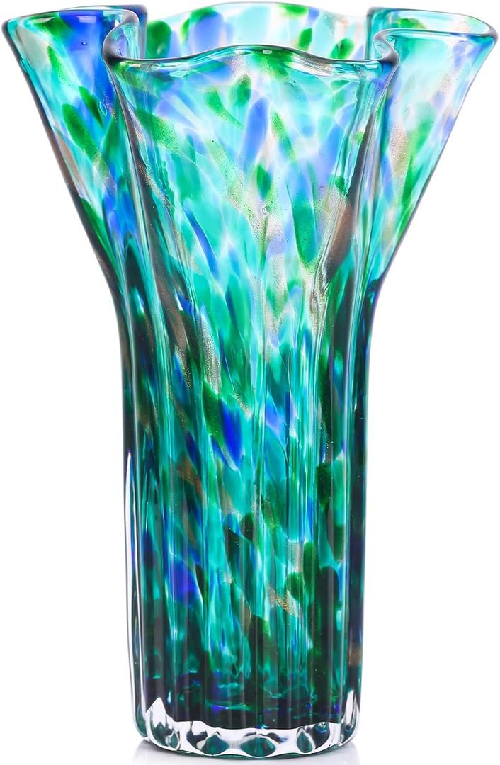 7.8" Tall Teal Vase Hand Blown Glass Vase Green, Modern Teal Home Centerpieces Wide Mouth Vases for Bud&Flower Decor - Ideal Living Room, Kitchen, Wedding, Dining Table, Office Center Table