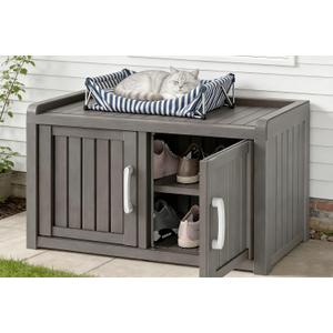 2-Tier Storage Bench, Waterproof UV-Resistant Outdoor Shoe Storage Cabinet with 2 Doors & Adjustable Shelves for Indoor Outdoor Entryway, Hallway, Living Room (Classic Grey), Double Door