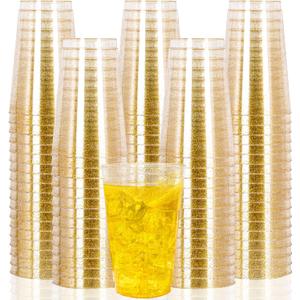 I00000 100 Pack 14 oz Gold Plastic Cups, Disposable Tumblers Gold Glitter Plastic Cups, Disposable Wine Glasses Cocktail Glasses Perfect for Wedding, Mother's Day & Party