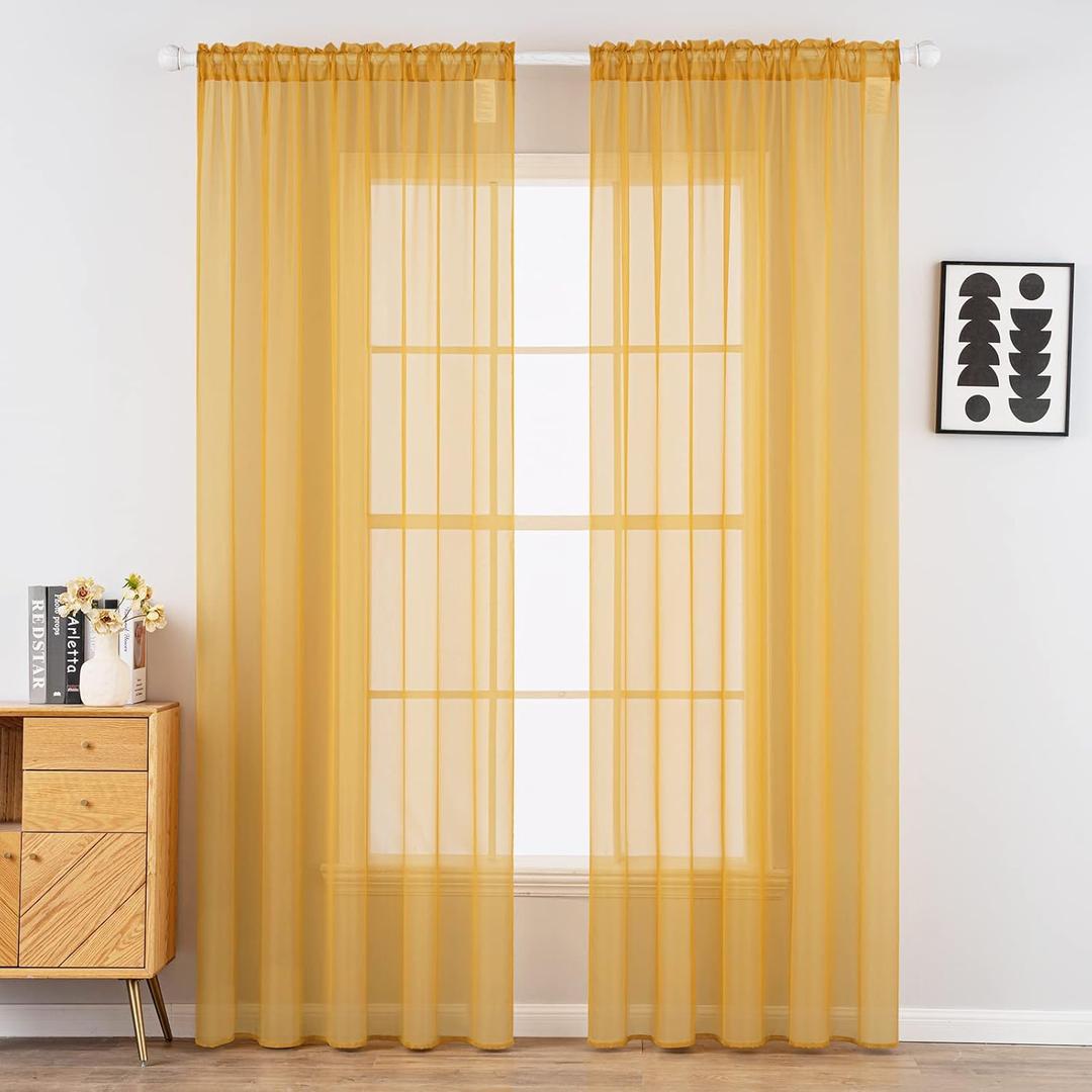 MIULEE 2 Panels Solid Color Sheer Window Curtains Elegant Window Voile Fall Panels/Drapes/Treatment for Bedroom Living Room (54X90 Inches Gold) 
