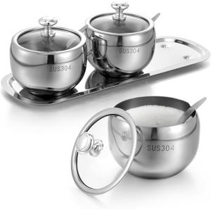 3 Grids 304 Stainless Steel Seasoning Containers Set with Lid Spoon and Tray, Condiment Jar Spice Container, Condiment Canisters Pots for Serving Sugar, Pepper, Salt, Spice