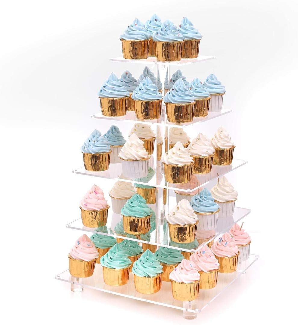 Antimbee 5 Tier Clear Acrylic Cupcake Stand with Gold LED Light String, Square Cup Cake Holder Tower Display