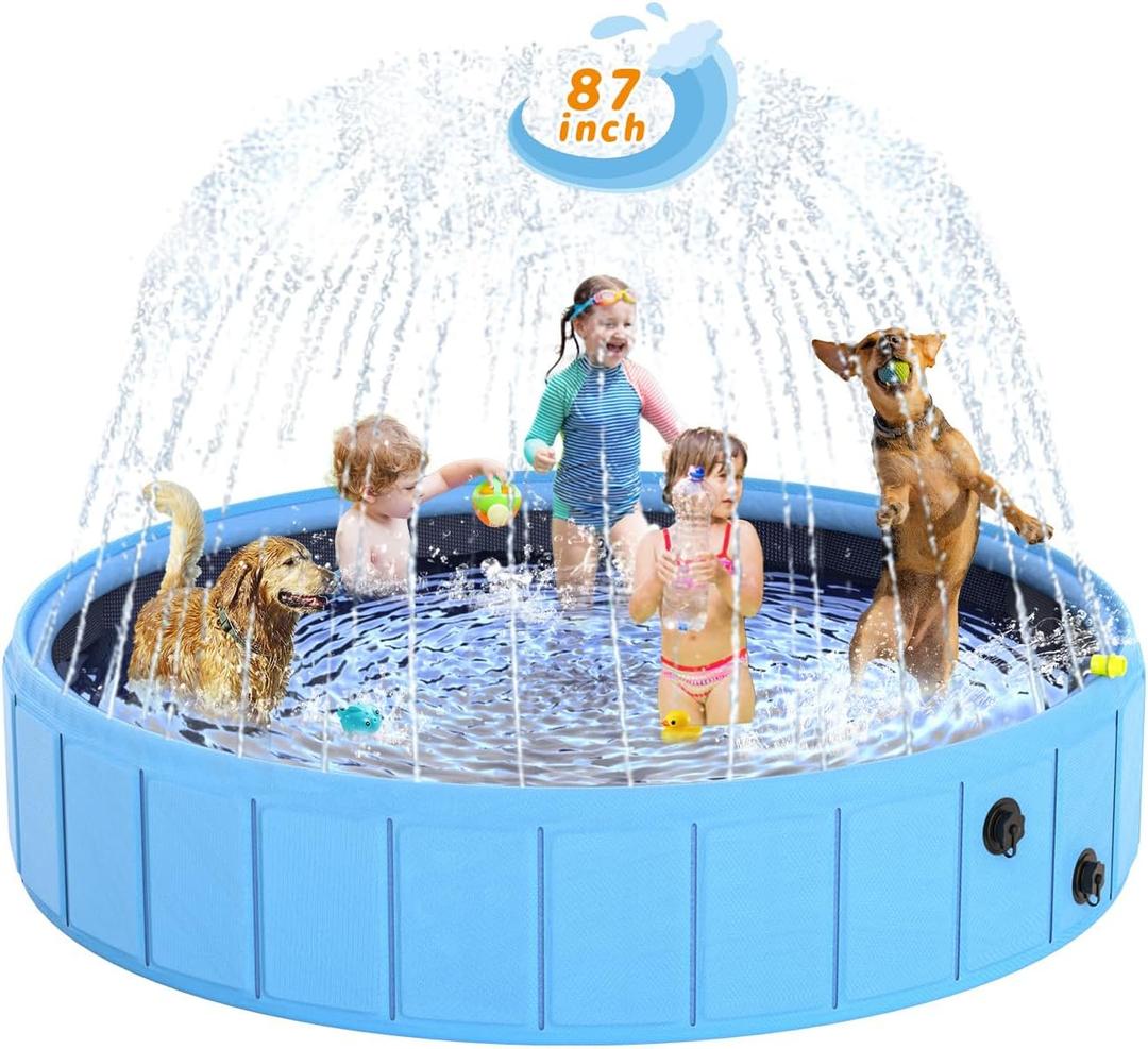 Foldable Dog Pool with Sprinkler, 87'' Extra Large Non-Slip Dog Swimming Pool, 2-in-1 Outdoor Backyard Pet Bathing Tub with Drain Plug for Dogs Kids Pets Ducks