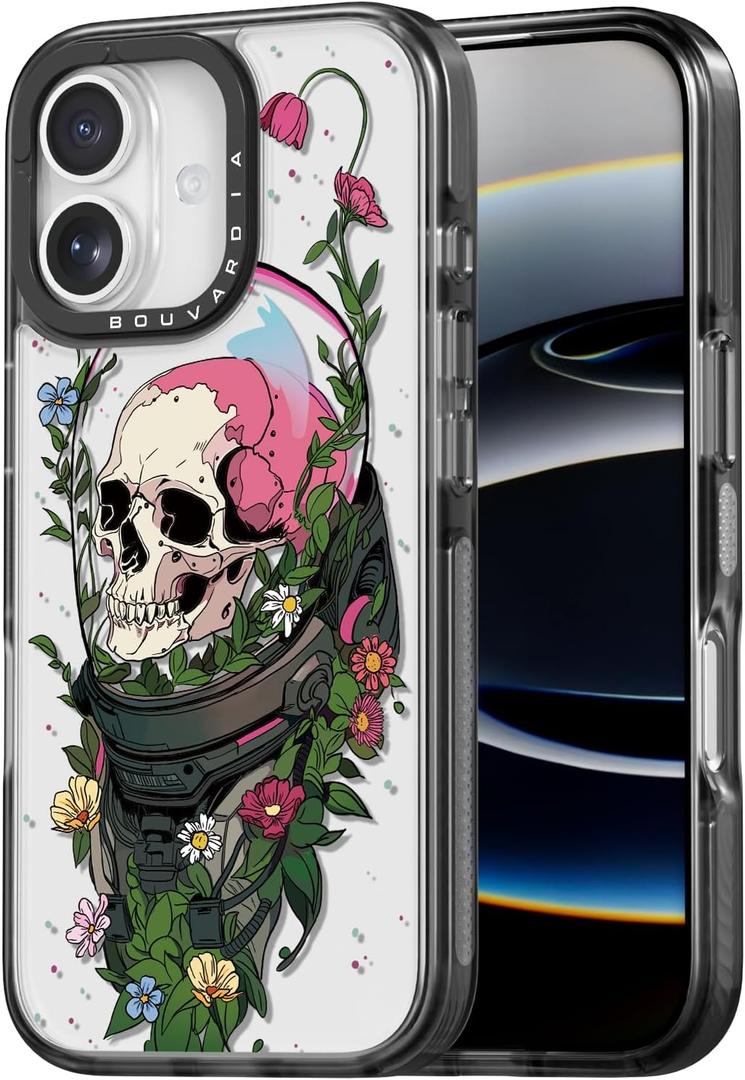 Bouvardia for iPhone 17 Case, Cute Girly Design for Women, Shockproof & Aesthetic, Halloween: Skull & Flowers