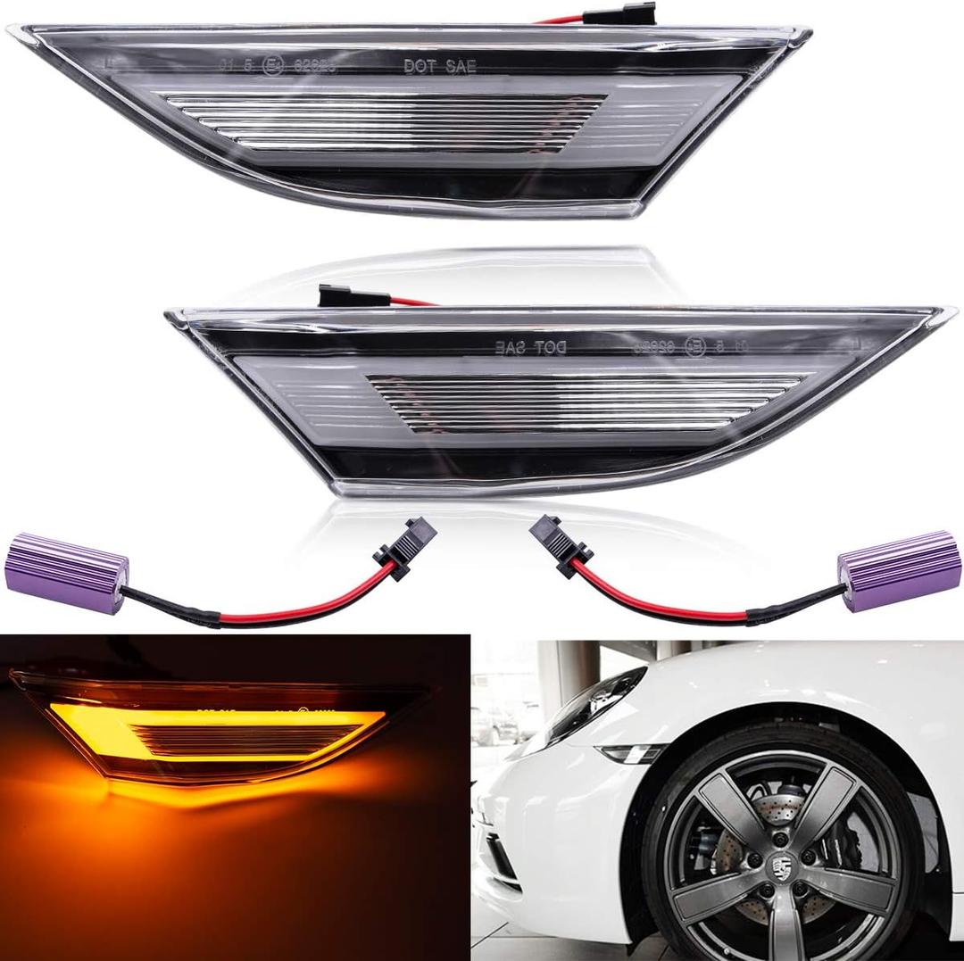 LED Side Marker Lamp Light Kit for Porsche 911 991.1 Carrera S 4 4S Gts Targa 4s Turbo S Porsche 981 Cayman 781 Cayman B0xster Clear Lens Amber LED Front Turn Signal Lights with Canbus