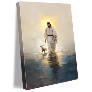 Jesus Walking on Water Canvas Wall Art with Lamb Jesus Picture for Wall Christian Painting Poster for Living Room Bedroom Dining Room Church Decor 16 * 24 IN(Stretched Canvas on A Wooden Frame)