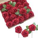 Ling's Moment Christmas Artificial Flowers 25Pcs Dark Red Roses Decor w/Stems,3" DIY Foam Floral for Wedding Bouquet/Centerpieces, Outdoors Party Backdrop, Room/Table Decorations