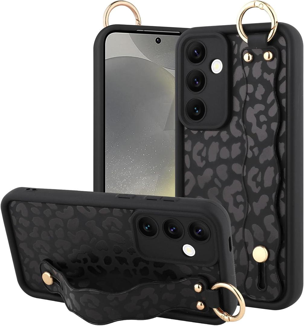 OOK Compatible with Samsung Galaxy S24 Plus Case with Wrist Strap, Cute Black Leopard Cheetah Pattern Soft TPU Bumper Shockproof Protection Slim Cover for Women Girls, for 6.7inch