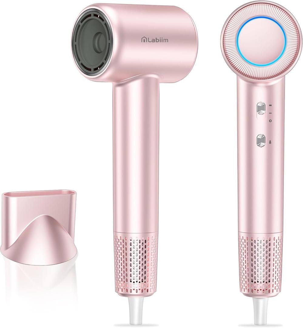 Labiim Hair Dryer, High-Speed Ionic Low Noise Blow Dryer with Brushless Motor for Fast Drying,Thermo-Control Quiet Compact Hair Blow Dryer Hairdryer with 1Nozzle Attachment for Home Salon Travel,Pink