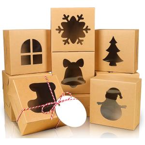 COTOPHER 30Pcs Christmas Cookie Boxes with Window, 4x4x2.5 inch Kraft Brown Bakery Boxes for Gift Giving, Mini Cake Boxes for Treat Donuts Chocolate Strawberries Pastries Muffins