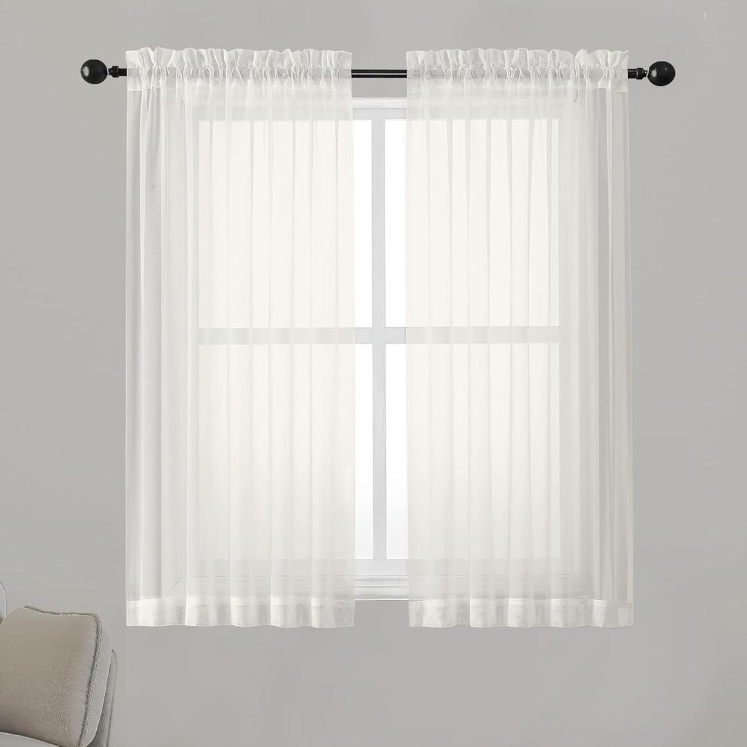 Chyhomenyc Ivory Sheer Curtains 54 Inch Length 2 Panels for Kitchen, Light Filtering Voile Rod Pocket Curtains Drapes for Living Room Bedroom Small Windows, 42Wx54L inches