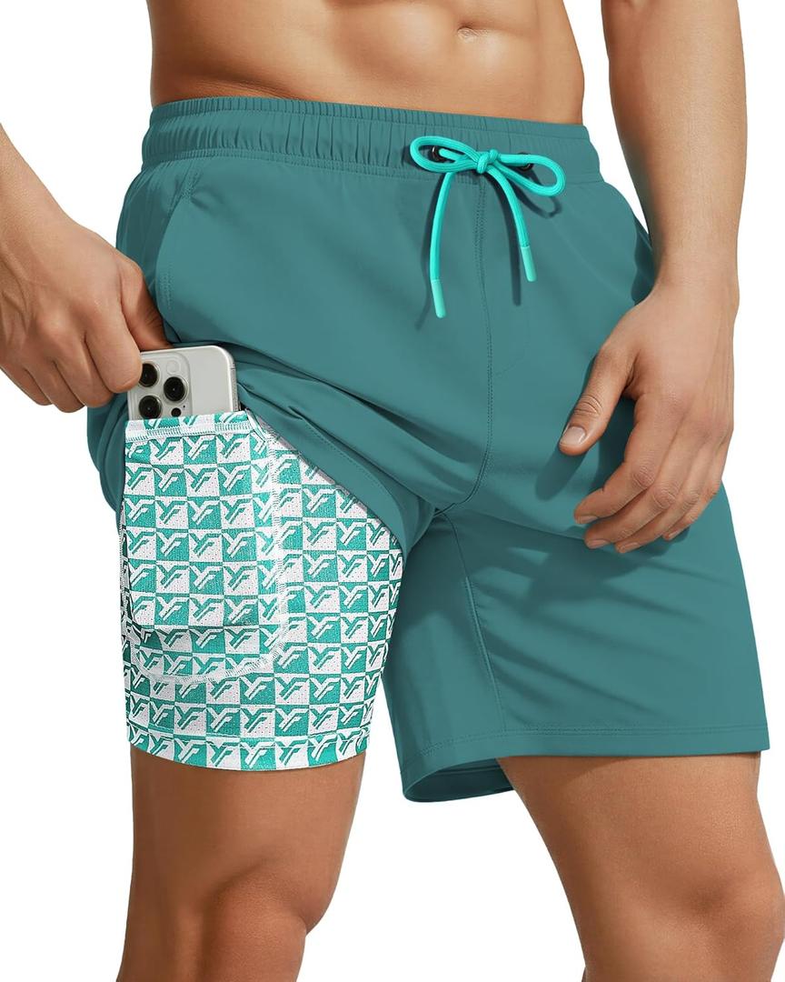 7 Inch Men Swim Trunks with Compression Liner Quick Dry Drawstring Male Swimtrunks for Beach Summer Water Park (Medium, Cyan Green)