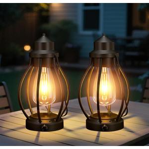 Battery-Powered LED Lanterns Vintage Lights for Camping, 2 Pack Rechargeable Lantern with Dimmerble Warm White Edison Bulb, Waterproof Hanging Light Table Lamp for Outdoor & Indoor Decorative