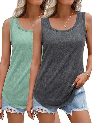 Olankaro Womens 2 Pack Tank Tops Loose Fit Basic T-Shirts Solid Color Casual Flowy Crew Neck Sleeveless Summer Tops 2025 Trendy Clothes Outfits(Gray+Green,Large)