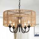 Boho Rattan Chandelier, 19.6" Hand-Woven Pendant Light Fixture with Wicker Shade, 5-Light Farmhouse Rustic Chandelier for Dining Room, Living Room, Bedroom, Kitchen Island, Hallway, Foyer