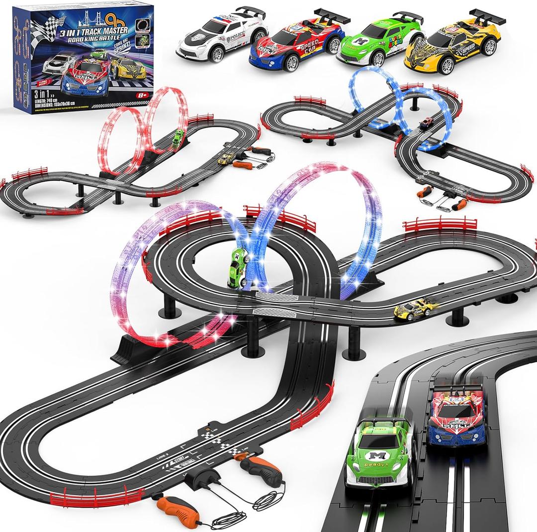 3 IN 1 Slot Car Race Track Sets with 4 High Speed Slot Cars, Electric Race Car Track Include Circular Overpass Flash Tracks, 1:43 Remote Control Track Car Game Toys Gifts for Adults Boys Ages 6 7 8-12
