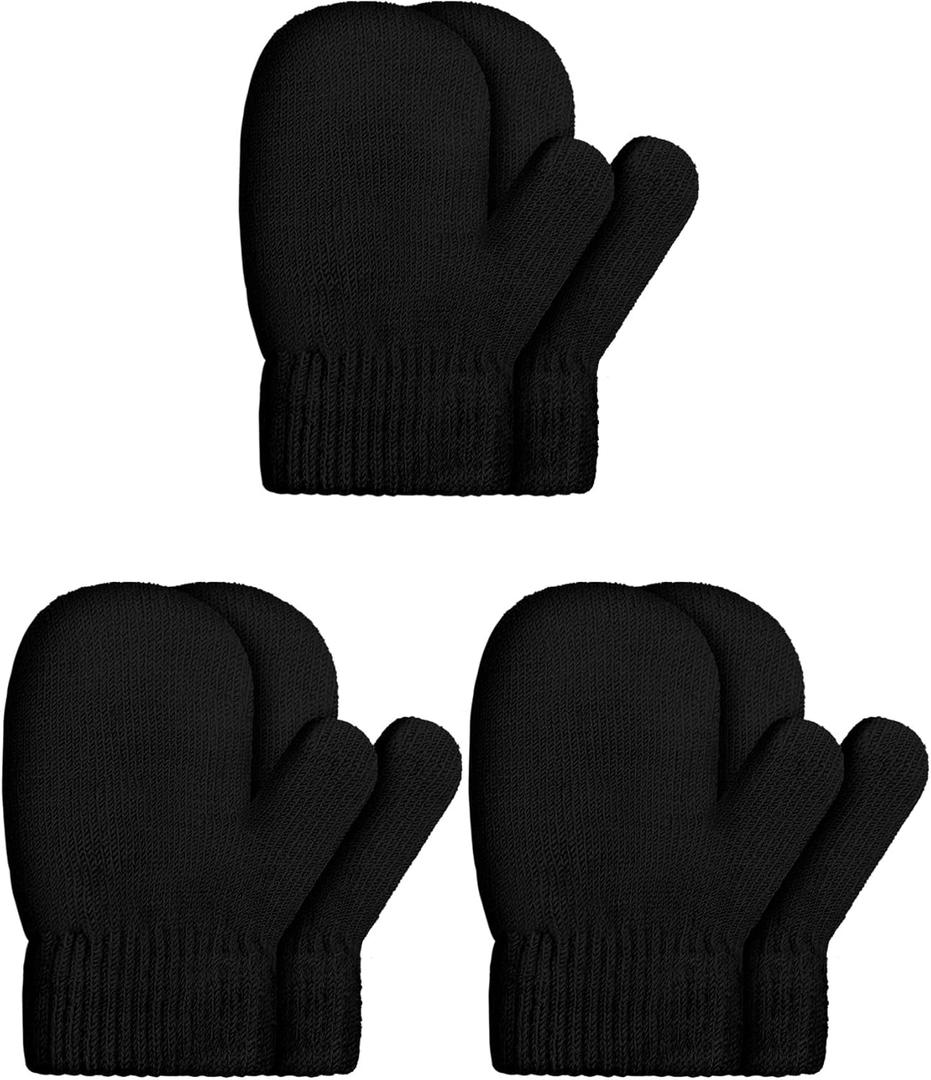 SATINIOR 3 Pairs Toddler Magic Stretch Mittens Little Girls Soft Knit Mitten Baby Boys Winter Knitted Gloves (Black)