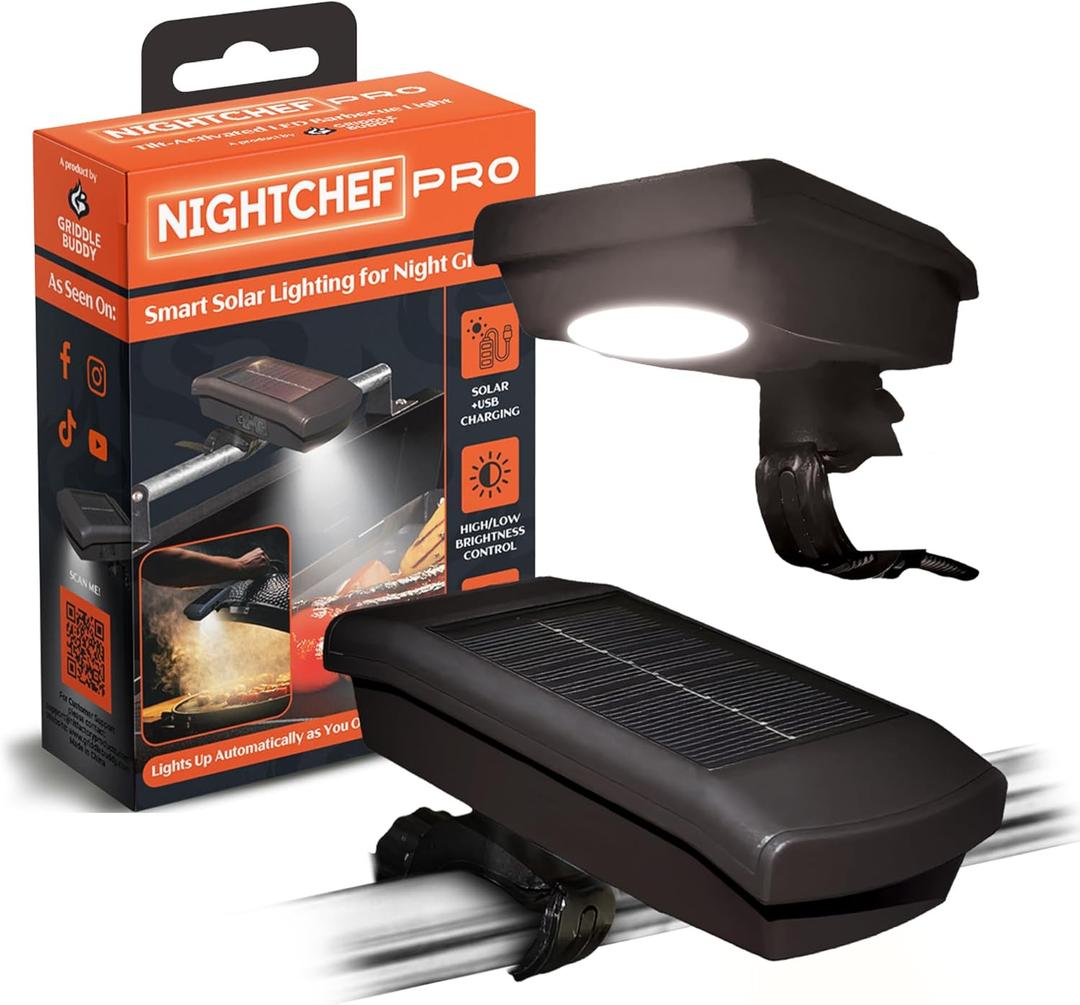 Night Chef Pro Outdoor Grill Light - Solar & USB-C Rechargeable LED BBQ Light Auto On/Off Tilt Sensor, Universal Mount, Weatherproof Grill Accessory for Blackstone, Weber & Most Grills