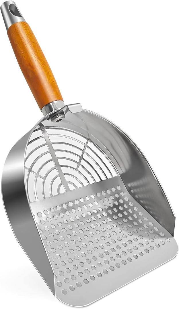 Stainless Steel Litter Scoop, Kitty Litter Scooper, Metal Cat Litter Scoop, Kitten Pooper Lifter, Cat Scooper, Kitty Metal Scooper with Holder for Cat Litter Box Round Holes Easy Cleaning