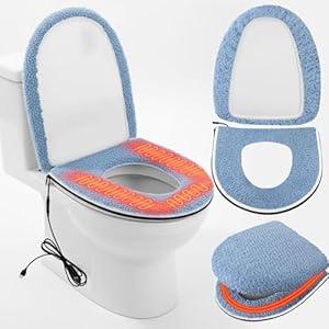 Hahafelt Heated Toilet Seat Cover Set USB Powered Toilet Seat Warmer with Charger 5-Speed Adjustable Temperature and Timing Function Levels with Soft Plush Fabric Easy To Clean and Installation (Blue)