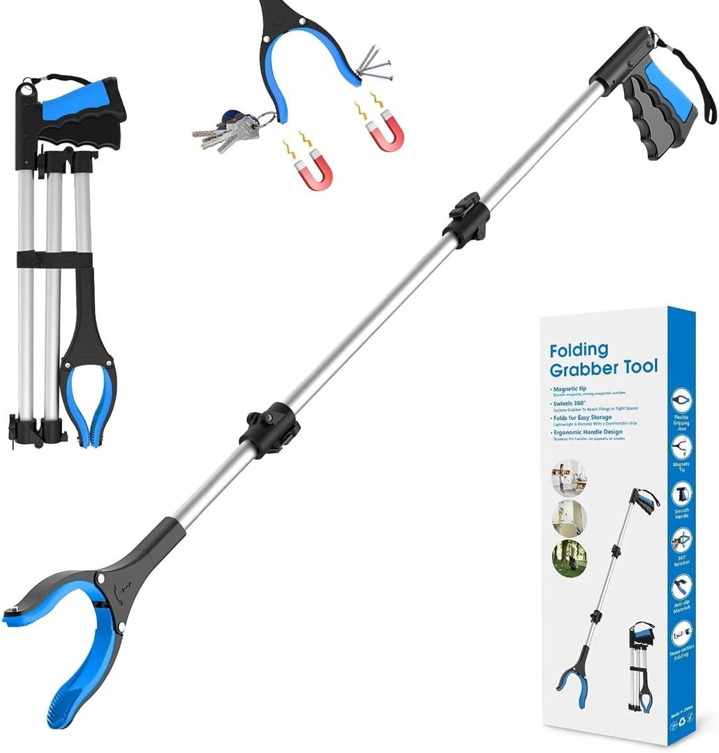 43" Grabber Reacher Tool, Foldable Reacher Grabber Pickup Tool with 360 Rotating Jaw & Two Magnets, Extra Long Trash Picker Upper Grabber, Extension Grabbers for Seniors, Blue