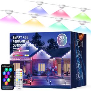 JOH Permanent Outdoor Lights, 200FT RGB+IC Smart LED Outdoor Lights with App/Remote Control, DIY Scene Modes Lighting & IP67 Waterproof, Eaves Light for Christmas, Holiday, Daily Decorations (White)