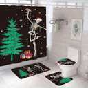 Peryiter 4 Pcs Christmas Skeleton Shower Curtain Set with Non-Slip Mat, Toilet Lid Cover, and Bath Mat, Polyester Fabric Shower Curtain with 12 Hooks, Durable Bathroom Decor Set 72 x 72 Inch
