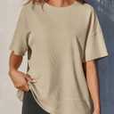 Tankaneo Womens Oversized Tunic Tops Summer Casual Short Sleeve Tshirts | Summer Casual, Short Sleeve, Round Neck, Loose Fit Side Split Waffle Tees (Beige, L)