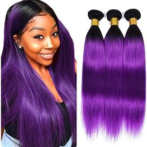 Ombre Purple Straight Bundles Black To Purple Human Hair 3 Bundles Brazilian 100% Unprocessed Virgin Extensions Double Weft Bundle 24 26 28 Inch