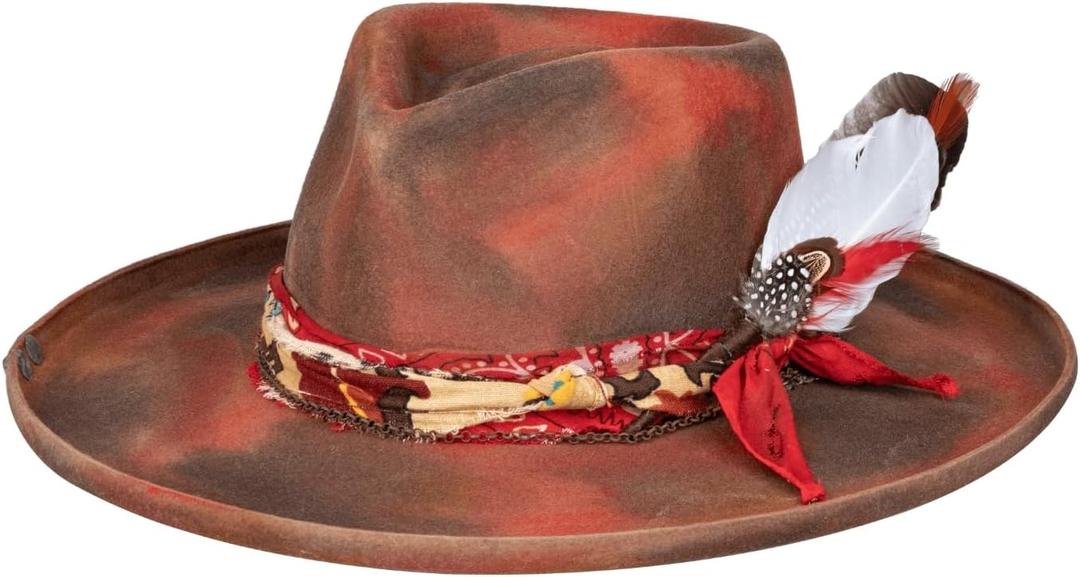 RUEDIGER Vintage Wide Brim Fedora Hats 100% Wool Stiff Felt Hat Rancher Hat with Lightning Logo Handmade Distressed/Burned (7 5/8, Wine Red)