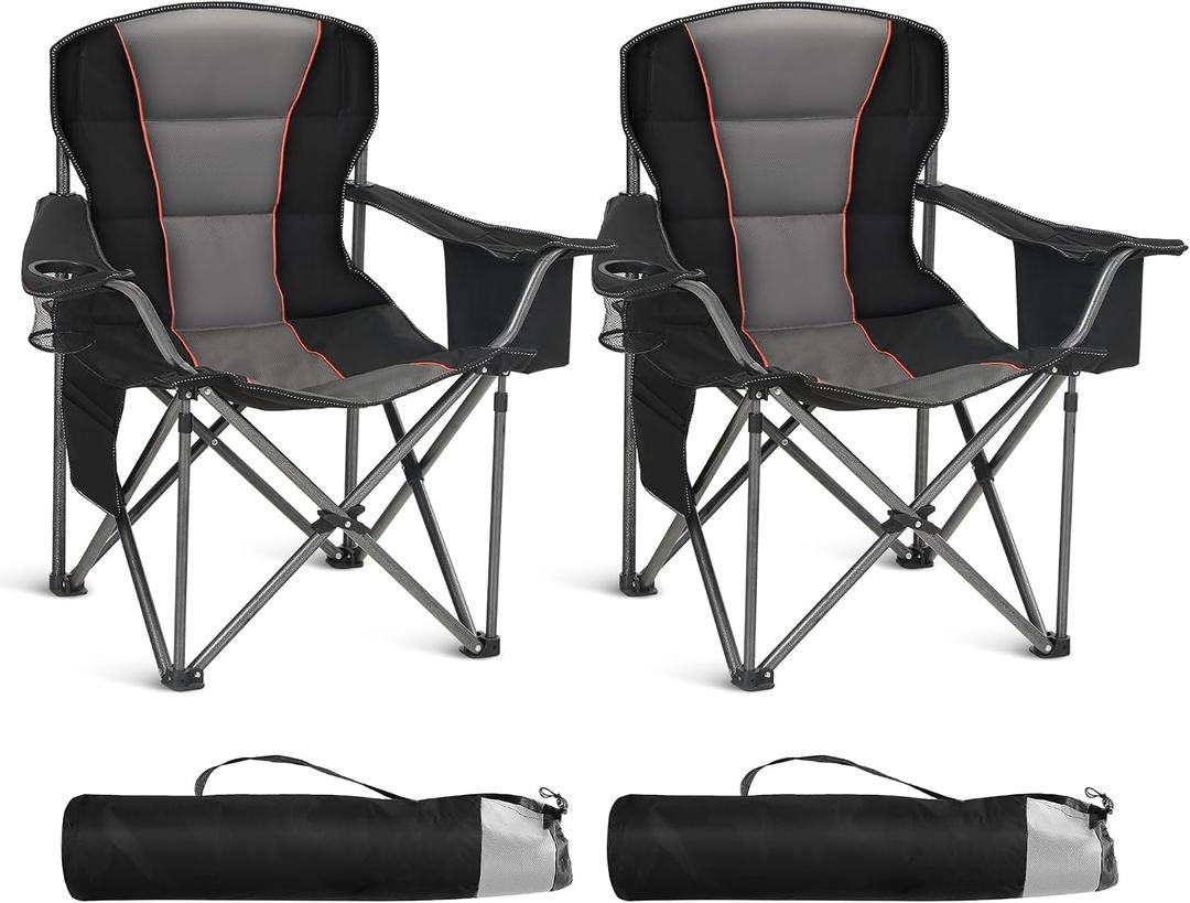 HIGH POINT SPORTS Oversized Folding Camping Chair, Heavy Duty Portable Camp Lawn Chairs, Folding Chairs for Outside with Cup Holder and Cooler Bag for Travel, Beach Support 450 LBS, 2 Pack, Black, Twin Pack