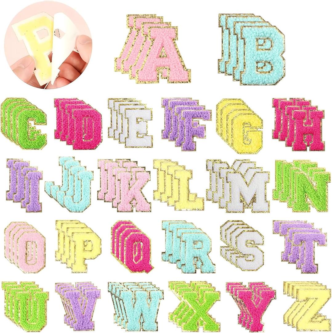 MXCOIRTP 104 Pcs Self-Adhesive Chenille Letters Patches, A-Z Alphabet Applique Patches Iron on Letters Embroidered Letter Stickers for Clothing, Makeup Hats, Bags, Backpacks, laptops (Multicolor)
