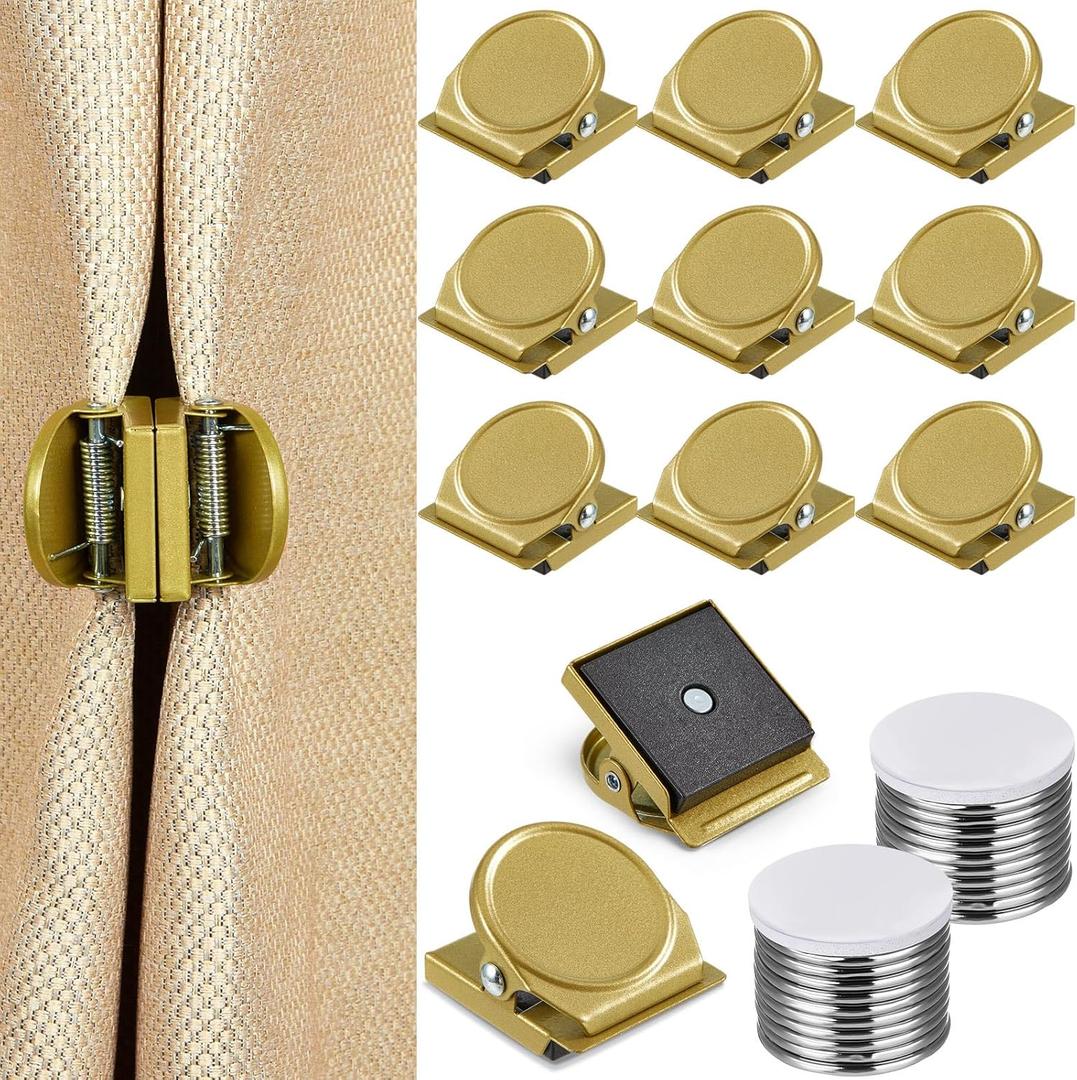 10 Pcs Curtain Magnets Closure Clips, Plus Size Magnetic Curtain Clips Metal Magnets for Indoor Outdoor Curtains Prevent Light Leaking for Patio, Mosquito, Cabana, Gazebo (Gold)