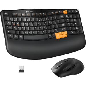 Wireless Keyboard and Mouse Combo, 2.4G Wave Keys Ergonomic Keyboard with Palm Rest and 3 DPI Silent Mouse, Compact Size for Natural Typing, Spill-Resistant, for Windows/PC/Laptop/Mac(Black)