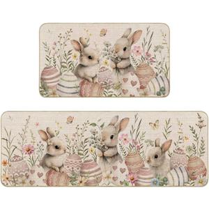 Mocsicka Easter Bunny Kitchen Rugs Set of 2, Cute Rabbit Happy Easter Non Slip Kitchen Mats Spring Home Decor Kitchen Floor Rugs for Hallway Laundry Room, 17"x30"+17"x47"