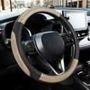 SEG Direct Car Steering Wheel Cover Universal Standard Size 14.5-15 inch, Black and Beige Microfiber Leather
